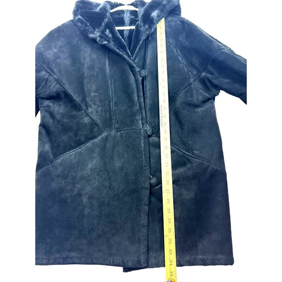 Vtg J.Percy Marvin Richards Women's M Black Suede Faux Fur Lined Coat Hooded 90s - Picture 8 of 14